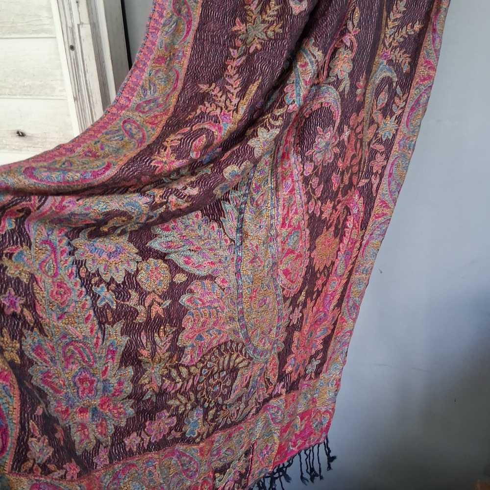 Purple Paisley Floral Pashmina Scarf 100% Cashmere Wool Fringed Boho Tapestry